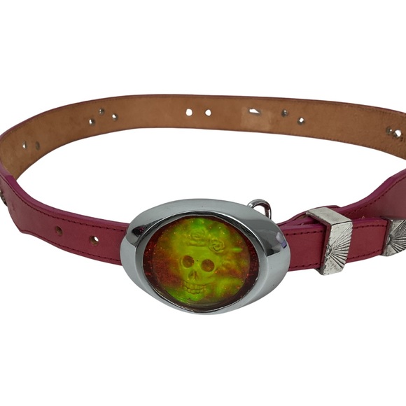 Vintage Red Leather Belt Animal Studs & Custom Skull Buckle Western Biker main image 5